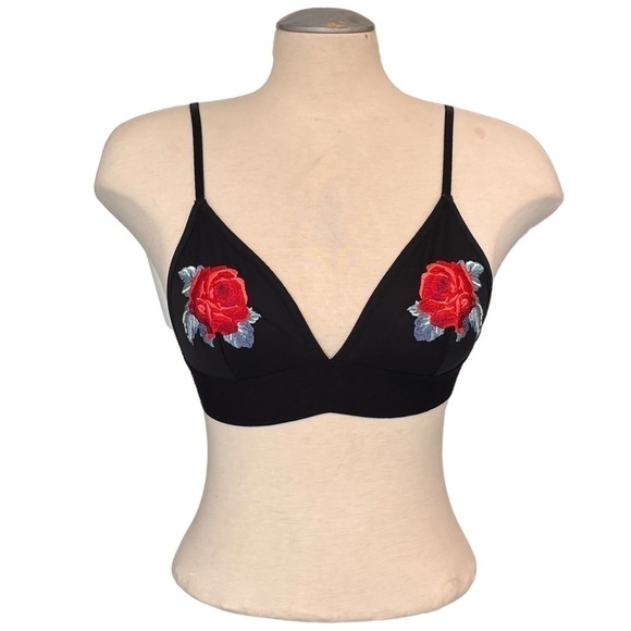 Pink by Victoria’s Secret Lace Triangle Bralette with Embroidered Roses on Black - Picture 3 of 16